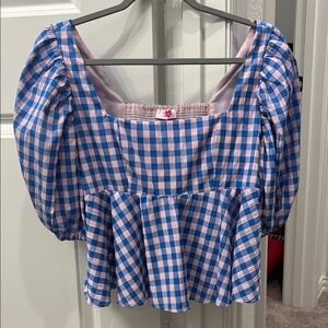 Blue and Pink Gingham Puff Sleeve Top